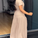 Single Breasted Decor Cowl Neck Short Sleeve Cinched Waist Maxi Dress Elegant Zipper Back Ruched Party Dress
