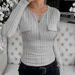 Long Sleeve Half Zip Flap Detail Ribbed Tee Slim Fit Brushed Top