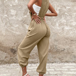 Women's Cotton Linen Jumpsuit Cargo Utility Overalls Adjustable Straps Drawstring Suspender Jumpsuit