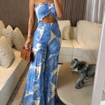 Women's Palm Leaf Print 2 Piece Set Convertible Halter Tie Top and Ruffle Wide Leg Pants Casual Vacation Set