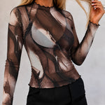 Women's Sheer Mesh Tie Dye Print Mock Neck Frill Trim Long Sleeve Top