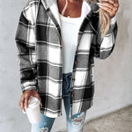 Plaid Pattern Long Sleeve Shacket Button Down Fleece Lined Hooded Jackets Warm Coat