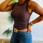 Rhinestone Decor O-neck Sleeveless Tee Slim Fit Ribbed Tank Top