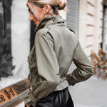 High Neck Zip Up Snap Button Front Flap Pockets Design Cargo Biker Jacket Casual Drawstring Crop Coat