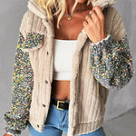 Turn-down Collar Sequin Patch Teddy Jacket