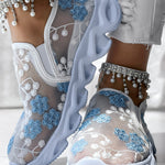 Floral Pattern Sheer Mesh Patch Round Toe Sneakers