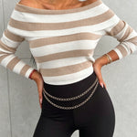 Women's Foldover Off Shoulder Striped Pullover Long Sleeve Slim Fit Knit Top