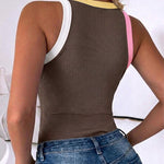 Women's Contrast Trim Ribbed Tank Top Slim Fit Sleeveless Round Neck Basic Camisole for Streetwear & Layering