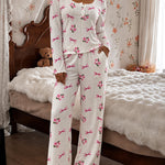 Women's Floral Bow Print Frill Trim Pajama Set Lace U-Neck Henley Long Sleeve Top and Pants Lounge Set