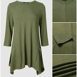 Women's Ribbed Asymmetrical Hem Top Crewneck Three Quarters Sleeve A-Line Casual Top