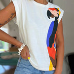 Women's Parrot Graphic Tee Loose Crewneck Cuffed Cap Sleeve T-Shirt Casual Top