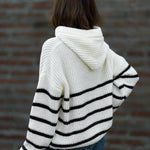 Women's Striped Henley Drawstring Hooded Sweater Loose Fit Lantern Sleeve Knit Pullover
