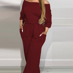 Off Shoulder V Back Elastic Waist Pockets Design Jumpsuit Casual Drop Shoulder Cinched Waist Wide Leg Jumpsuit