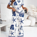Women's 2 Piece Ocean Style Print Lounge Sets Short Sleeve T Shirt and High Waisted Wide Leg Pants Pajamas Sets with Pockets