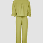 2 Pieces Outfit Turn-down Collar Turn-Up Sleeves Button Front Flap Pockets Design Top and Causal Zipper Fly Elastic Back Waist Wide Leg Pants Set