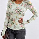 Women's Floral Print Long Sleeve Top Slim Fit Tee with Thumb Holes