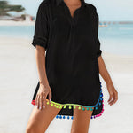 Turn-down Collar Roll Up Sleeve Tassel Hem Pompom Side Slit Straight Dress Casaul Dress
