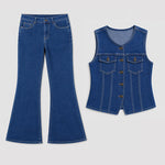 Women's 2 Piece Denim Outfits Sleeveless Button Down Vest and High Waisted Flare Jeans Set Vintage Suits with Pockets