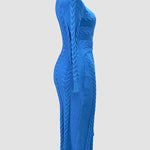 Cable Textured Overlap Deep V-Neck Long Sleeve Mid-Length Dress Tie Waist Slim Fit Knit Dress