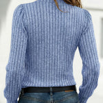 Button Decor Asymmetrical V-Neck Long Sleeve Ribbed Tee Casual Knit Brushed Top