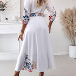 Floral Print V Neck Three Quarters Tied Detail Blouse Dress Casual A Line Slim Fit Maxi Dress