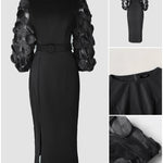 3D Polka Dot Appliques Mesh Lantern Sleeve Zipper Back Slit Work Dress Cinched Waist Slim Fit Mid Length Dress With Belt