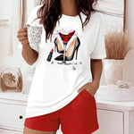 2 Pieces Outfit Graphic Print Round Neck Short Sleeve Top and Elastic Waist Shorts Set Casual Pajamas Set