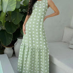 Women's Polka Dot Maxi Dress Casual Sleeveless Lace up Back Vacation Dress Elegant Ruffle Hem Loose A Line Long Sundress