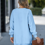Letter Patch Detail Long Sleeve Drop Shoulder Pullover Sweatshirt Casual Zipper Side Slit Top
