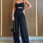 CHICME Women's Cut-out Waist Cami Jumpsuit Backless Tie-Back Lantern Romper Ruched High Waist Summer Jumpsuit
