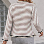 Women's Striped Knit Coat Contrast Binding Button Down Cardigan Round Neck Crop Blazer Coat with Pockets