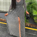 Geometric Print Long Sleeve Waist Tied Detail Maxi Dress Casual Slim Fit Slit Vacation Dress