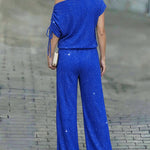 Women's Two-Piece Rhinestone Lounge Suit Skew Neck Top and Wide-Leg Pant Set Elegant Commuter Outfit with Pockets