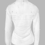 Pearls Decor Mock Neck Sheer Mesh Spliced Ruched Tee Hollow-out Back Slim Fit Textured Top