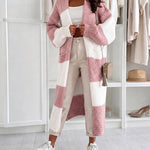Women's Checkerboard Knit Cardigan Oversized Long Chunky Sweater Loose Lantern Sleeve Coat with Pockets