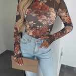 Women's Vintage Floral Print Sheer Mesh Top Long Sleeve Slim Fit Crewneck Layering Top with Thumb Hole Cuffs