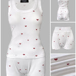 2 Pieces Outfit Heart Print U Neck Sleeveless Tank Top And Casual Strechy Waist Shorts Set Slim Fit Ribbed Pajamas Set