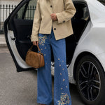 Women's High Waisted Floral Embroidered Flare Jeans Washed Denim Pants