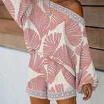 Women's Tropical Leaf Print 2 Piece Set Skew Neck Lantern Sleeve Top and Elastic Waist Shorts with Pockets & Lace