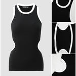 Women's Ribbed Contrast Trim Tank Top Sleeveless Crew Neck Cutout Slim Fit Stretch Casual Top