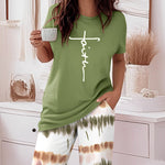 2 Pieces Outfit Letter Print Round Neck Short Sleeve Top And Tie Dye Print Elastic Waist Loose Fit Pants Set Casual Pajamas Set