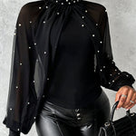 Pearls Decor High Neck Chiffon Draped Cape-style Cloak Sleeve Spliced Tee Ruched Hollow-out Back Slim Fit Top