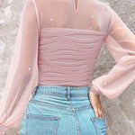 Pearls Decor Mock Neck Sheer Mesh Spliced Ruched Tee Hollow-out Back Slim Fit Textured Top