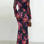 Women's Vintage Floral Mesh Dress Lace Trim Sweetheart Neck Flare Sleeve Bodycon Maxi Dress Mermaid Party Gown