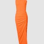 Side Slit Drawstring Ruched Bodycon Casual Sun Maxi Dresses Sleeveless Ribbed Tank Dress