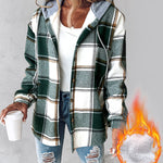 Plaid Pattern Long Sleeve Shacket Button Down Fleece Lined Hooded Jackets Warm Coat