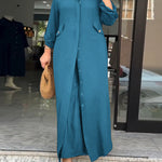 2 Pieces Outfit Turn-down Collar Turn-Up Sleeves Button Front Asymmetrical Hem Longline Blouse and Casual Elastic Waist Wide Leg Pants Set