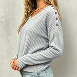 Women's V Neck Ribbed Knit Top Shoulder Button Long Sleeve Casual Pullover