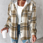 Plaid Print Button Front Pocket Design Drawstring Hoodie Jacket Casual Asymmetrical Hem Thermal Lined Shirt Coat