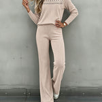 Women's Ribbed Knit Brushed Set Lace Patchwork Long Sleeve Top and Wide Leg Pants 2 Piece Lounge Set with Pockets